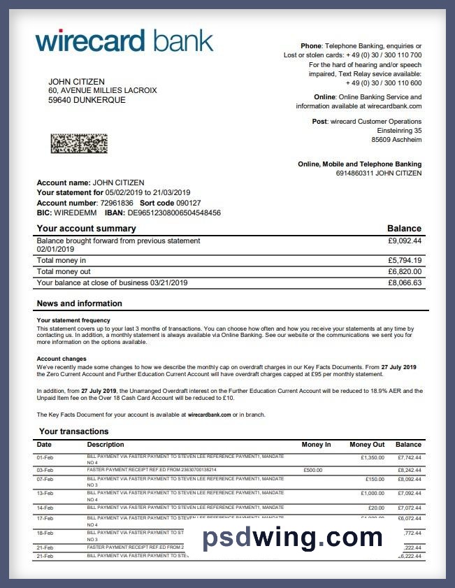 Germany Aschheim Wirecard Bank Statement